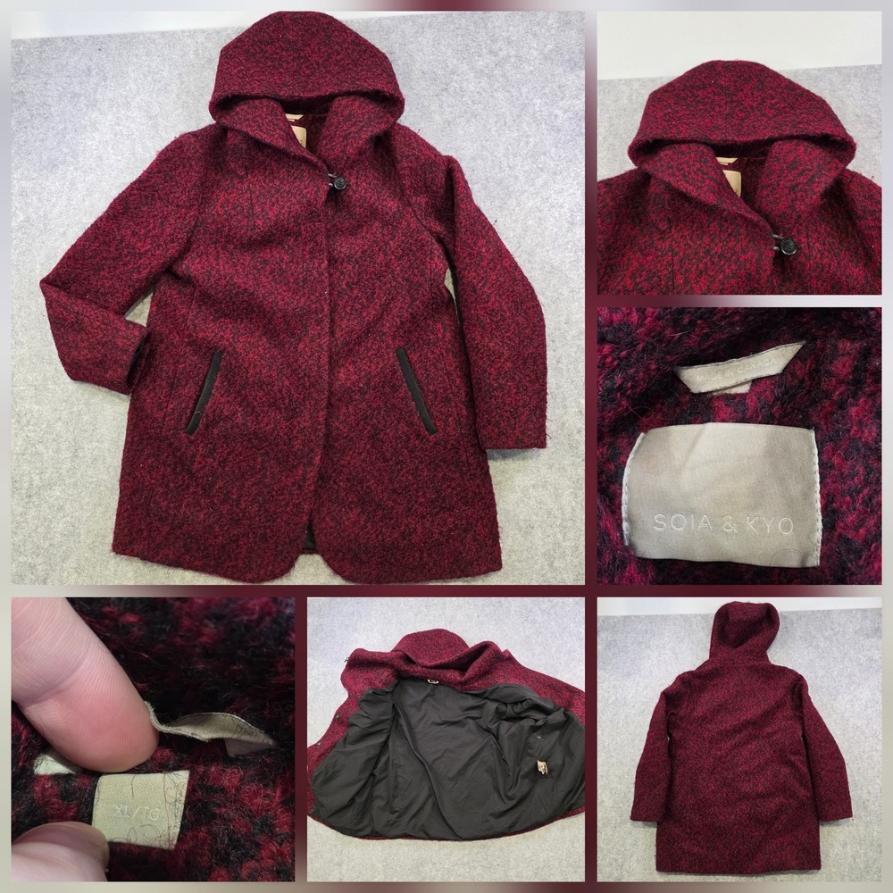 SOIA & KYO‎ Coat Womens XL Red Wool Blend Hooded Tweed Parka Jacket Mid Length